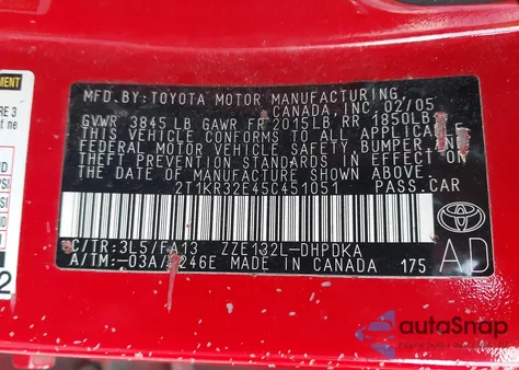 2005 Toyota Matrix from USA, damaged, VIN 2T1KR32E45C451051